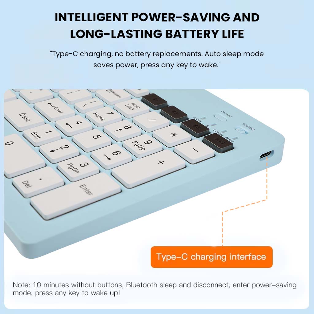 Blue KB2858 Keyboard with Type-C charging and auto sleep mode for efficient power management and extended usage time.