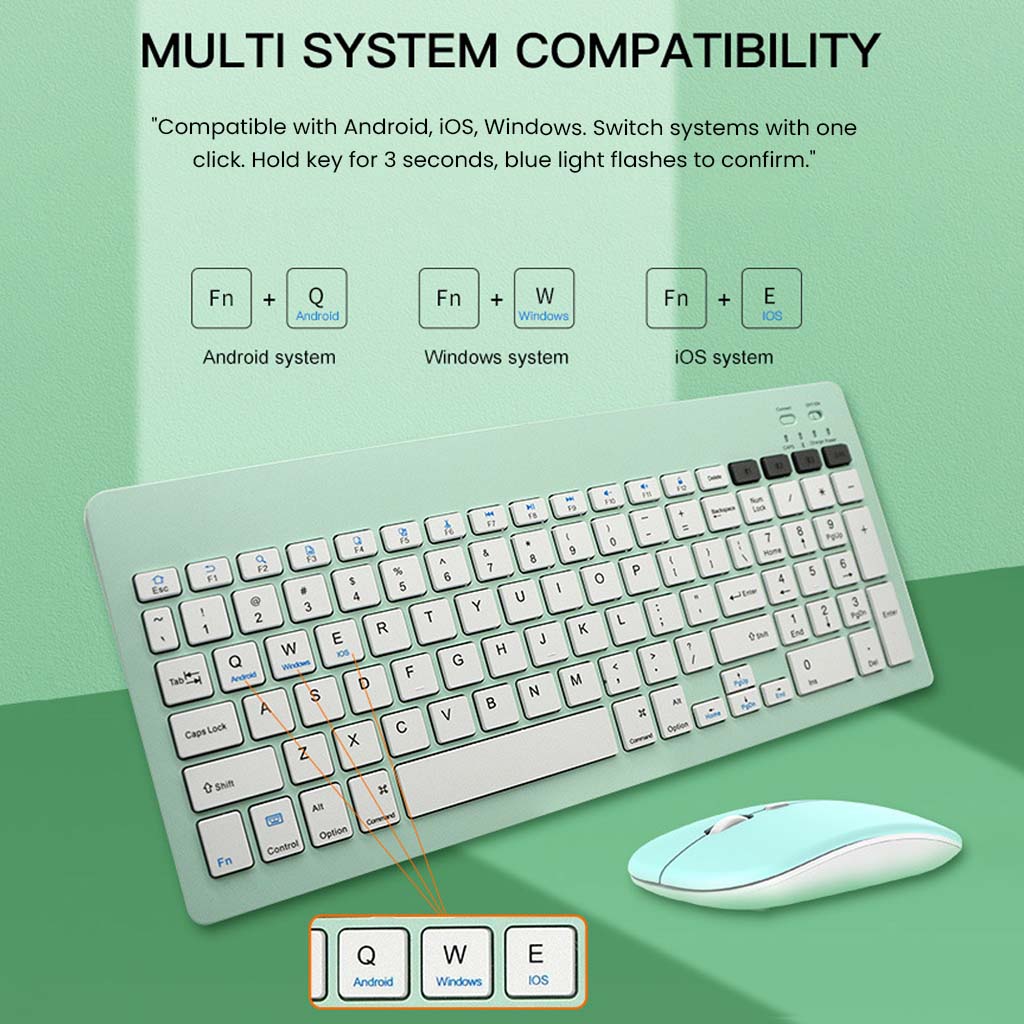 KB2858 Green Keyboard supports Android, iOS, and Windows systems with dedicated keys for easy switching between platforms.