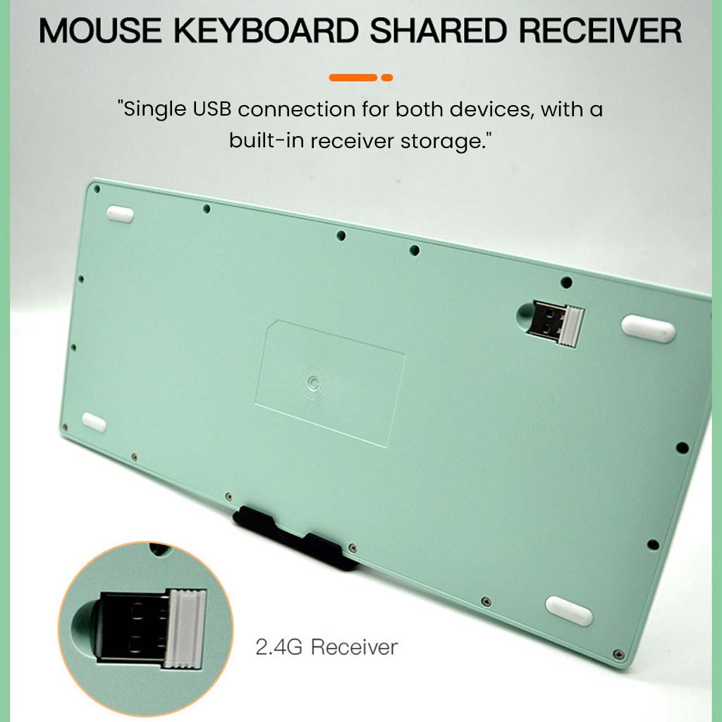 Bottom view of KB2858 Green Wireless Keyboard with shared USB receiver for mouse and keyboard, and built-in receiver storage.
