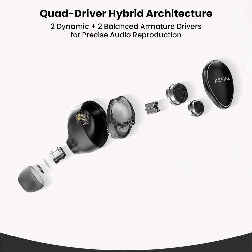Exploded view of KEFINE Quatio IEM showcasing quad-driver hybrid architecture with 2 dynamic and 2 balanced armature drivers.