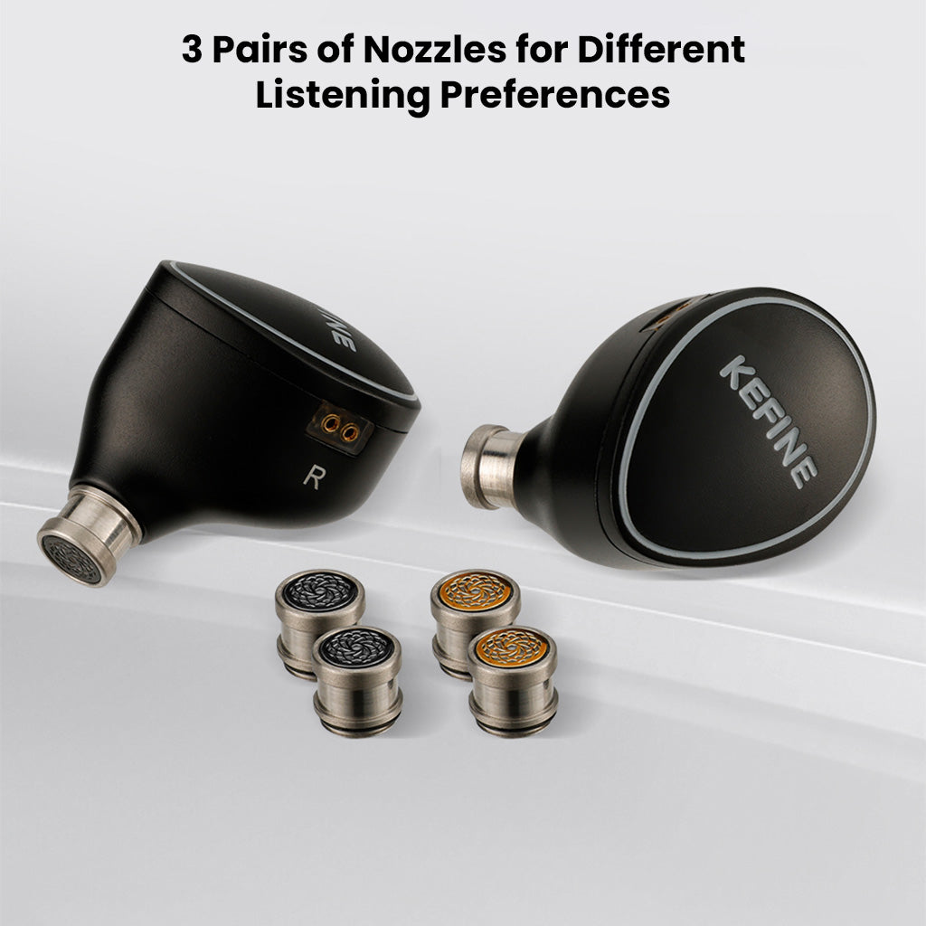 KEFINE Quatio in-ear monitors with 3 interchangeable nozzles for customizable sound tuning and enhanced listening experience.