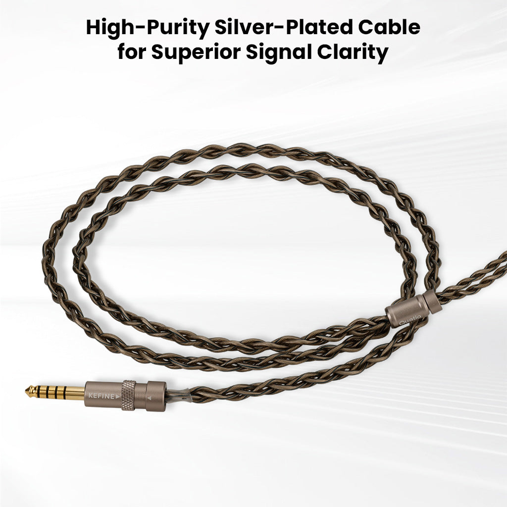 High-purity silver-plated cable of KEFINE Quatio IEMs designed for superior signal clarity and reduced audio distortion.