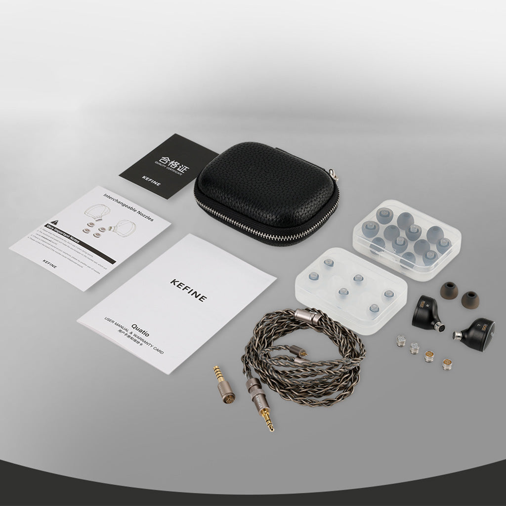 Complete KEFINE Quatio IEM package with earphones, modular plugs, eartips, earphone case, and user manuals under Rs. 11999.