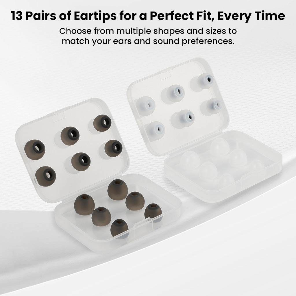 13 pairs of eartips included with KEFINE Quatio IEMs for optimal fit and personalized comfort across various ear sizes.