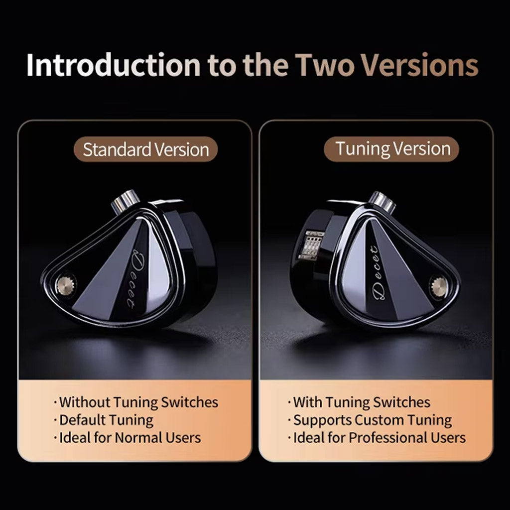 Comparison of KZ Decet 10 IEM standard and tuning versions, highlighting tuning switches for professional audio customization.