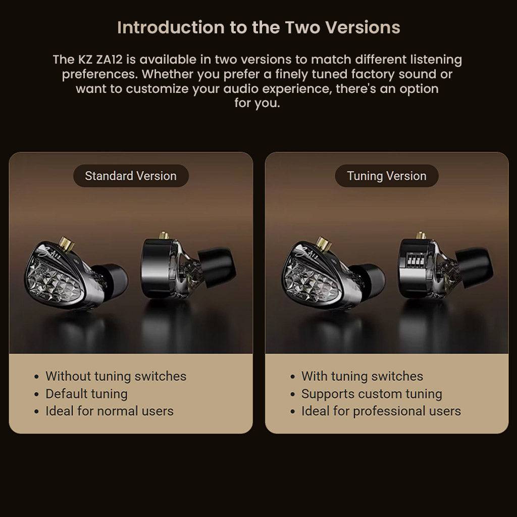 KZ ZA12 In Ear Monitor comparison between Standard and Tuning versions. The Standard Version lacks tuning switches and is ideal for normal users, while the Tuning Version includes tuning switches for custom sound, suited for professionals.