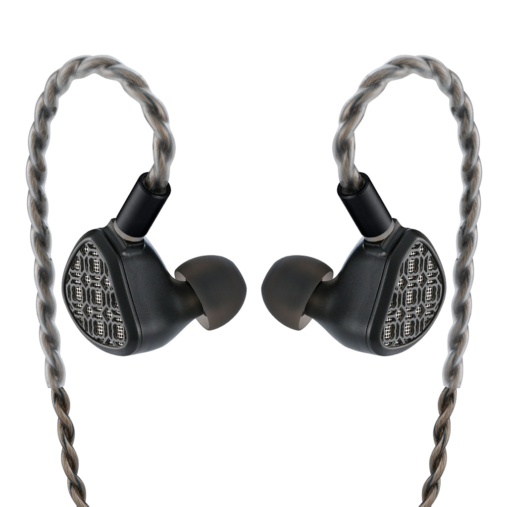In-ear monitors with twisted silver cables and black housings