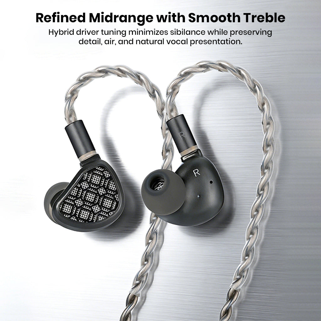 In-ear monitors with braided cable and black housing for smooth treble
