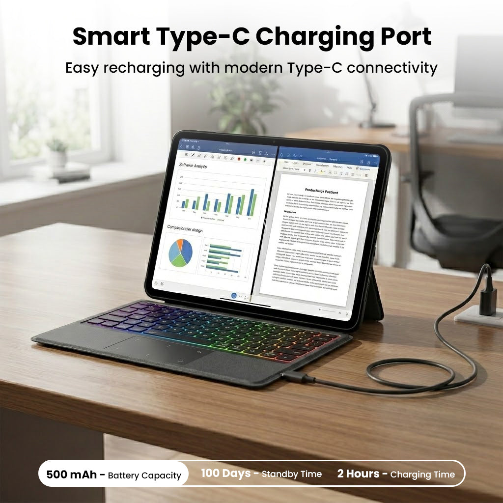 Tablet with detachable keyboard and Type-C charging port for productivity