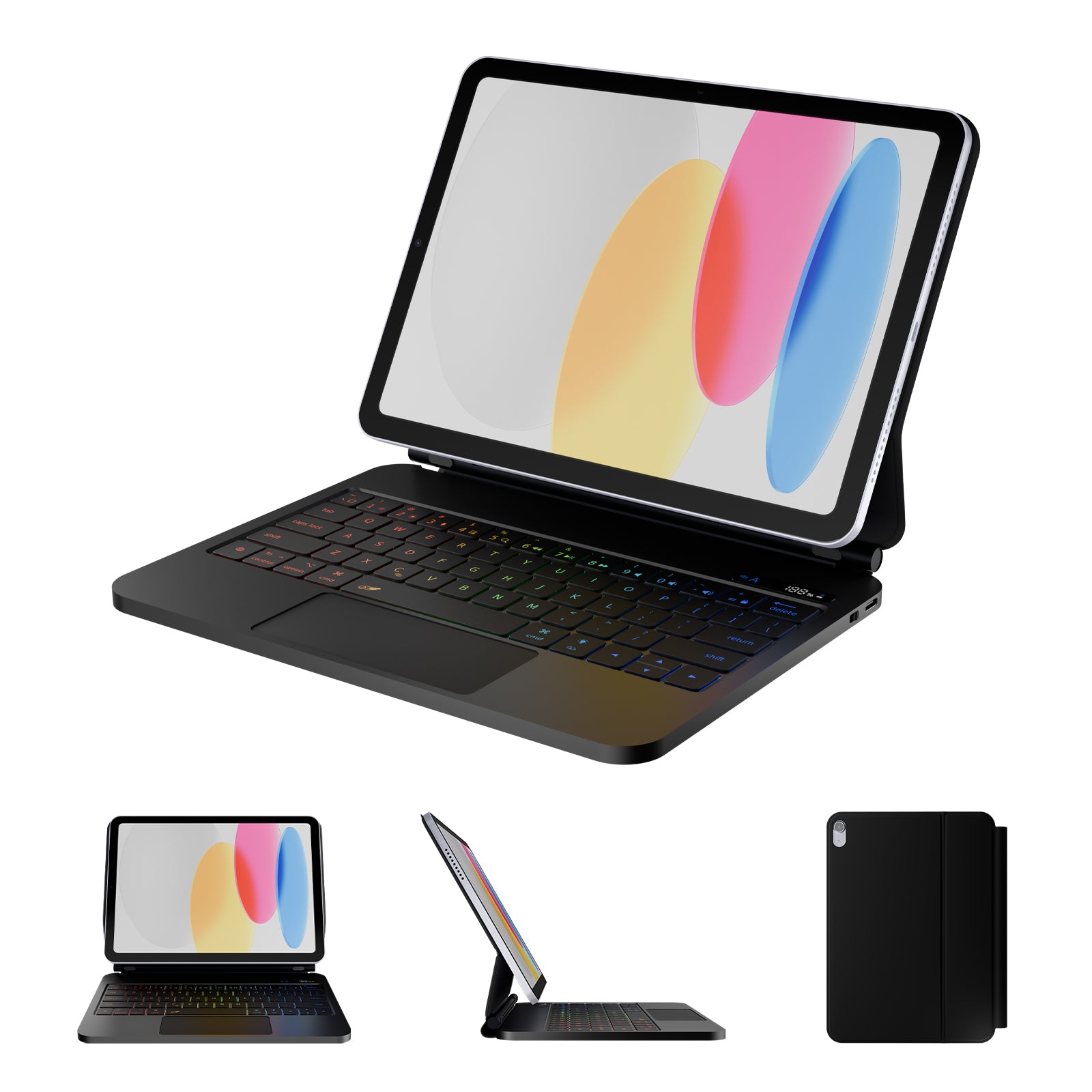 Black tablet keyboard case with RGB backlit keys and a detachable magnetic stand for iPad, featuring a floating magnetic cantilever design, SKU: TP-MK-209-Kybrd_Case-Blk