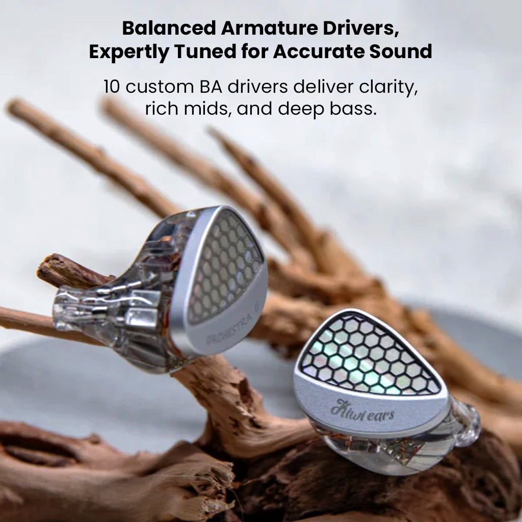 Kiwi Ears Orchestra II IEMs on wood with text highlighting 10 balanced armature drivers for accurate sound and deep bass clarity.