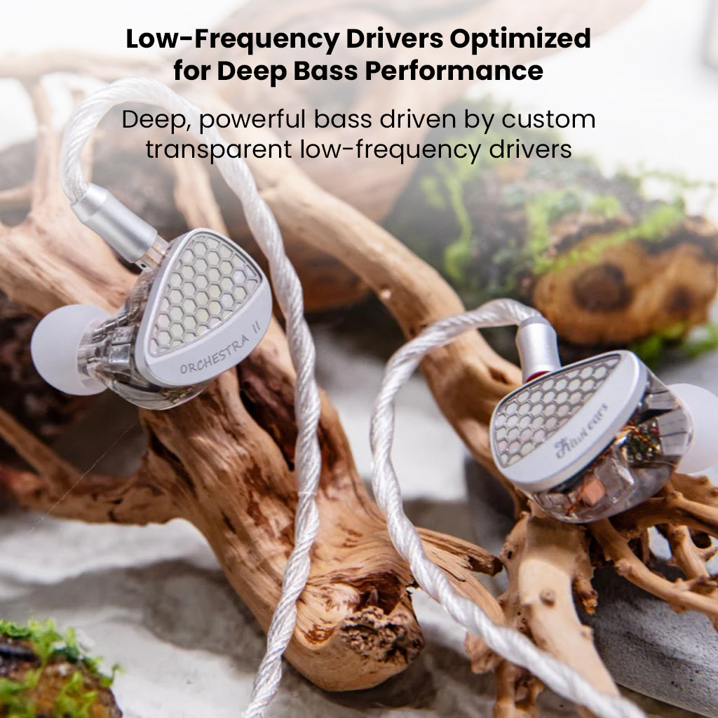 Kiwi Ears Orchestra II IEMs on wooden surface with text showcasing low-frequency drivers for deep, powerful bass performance.