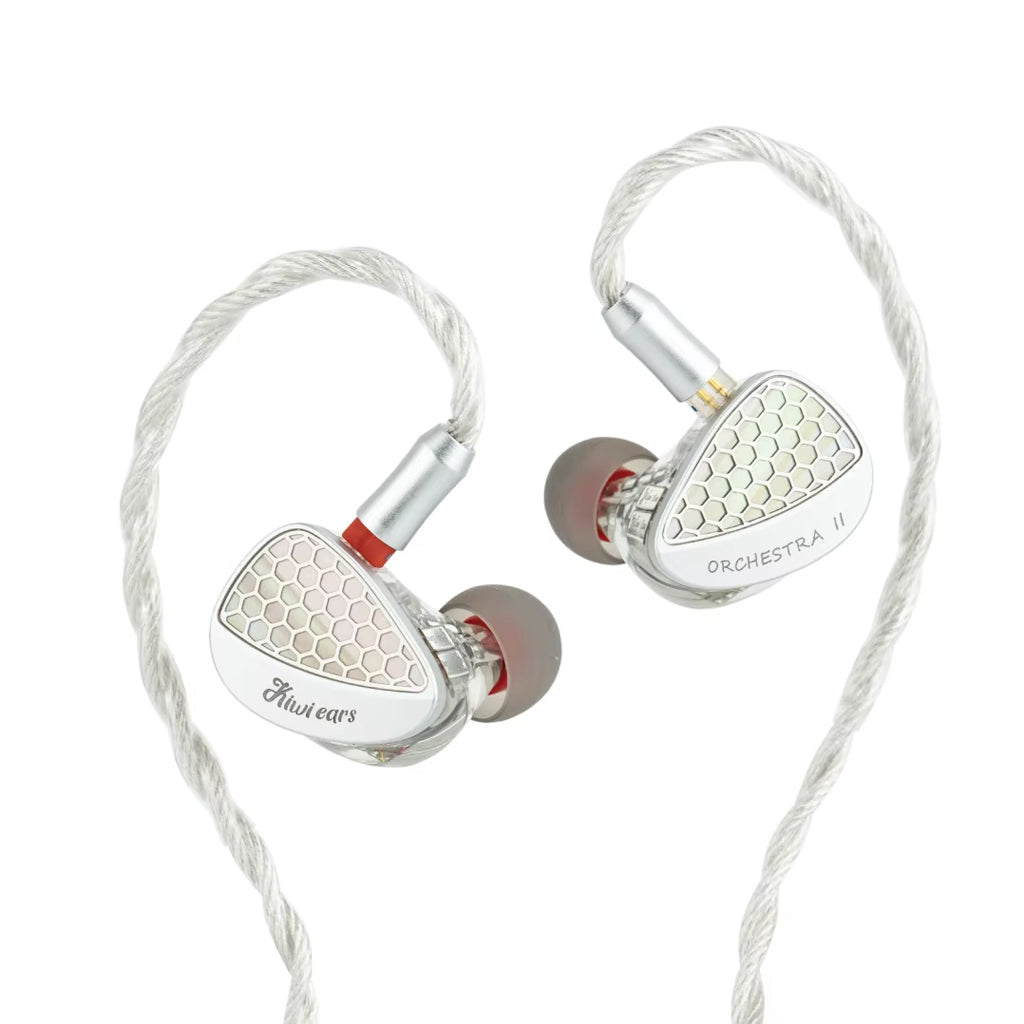 Kiwi Ears Orchestra II in-ear headphones with dual-tone silver design and ergonomic braided cable for high-fidelity audio performance.