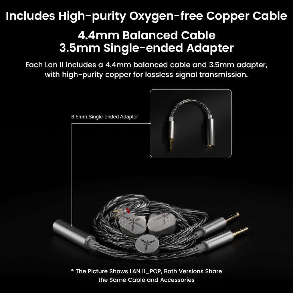 Image detailing the included accessories, specifically the high-purity Oxygen-free Copper 4.4 mm Balanced Cable and the 3.5 mm Single-ended Adapter.