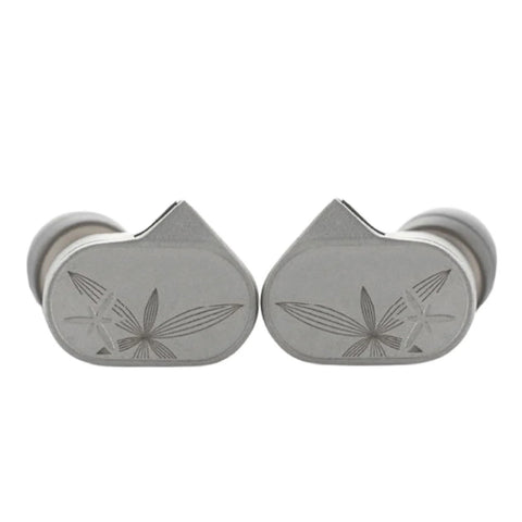 Front view of two MOONDROP LAN II REF earpieces side-by-side, showcasing the stainless steel housing and the leaf-like laser-engraved design.