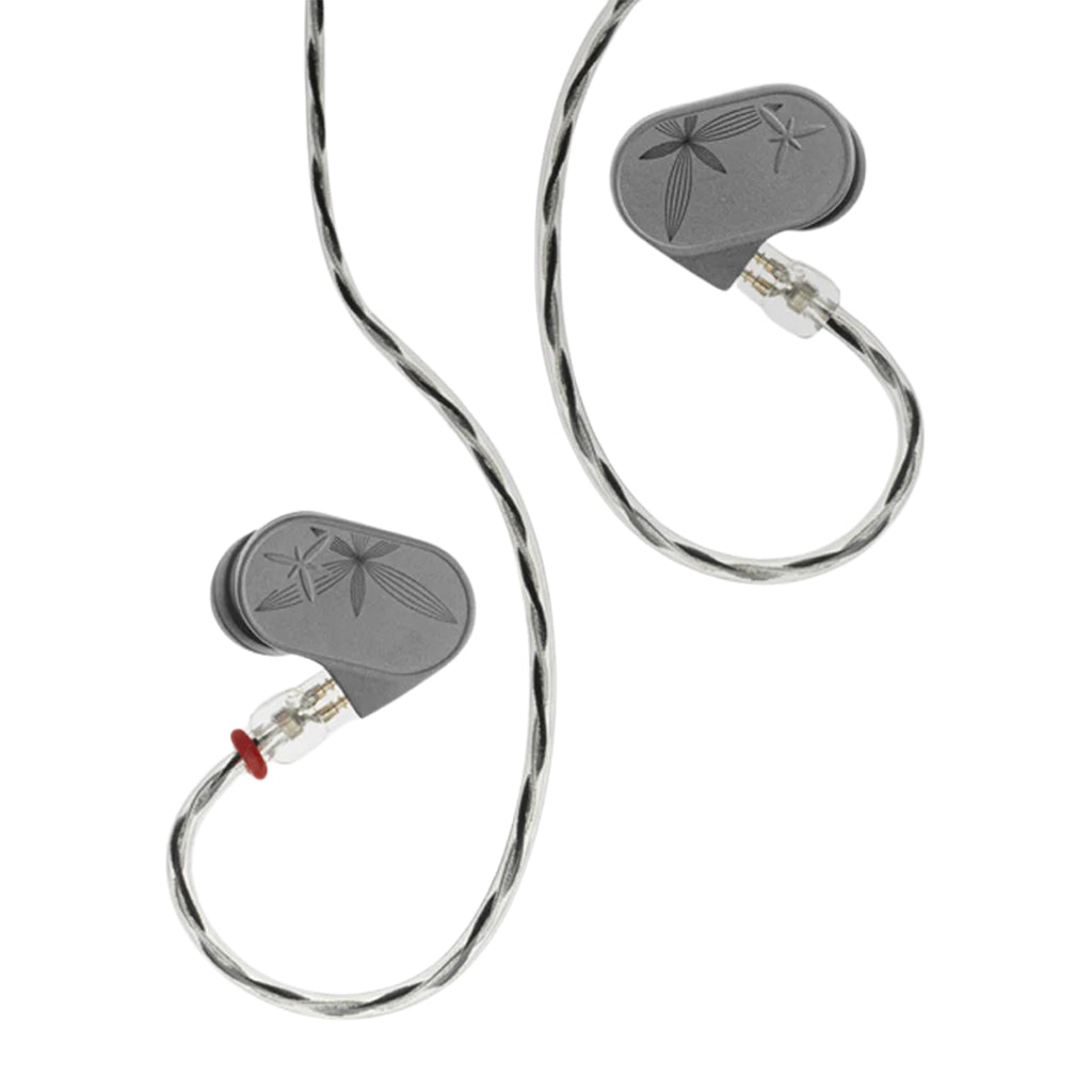 Two MOONDROP LAN II earpieces, the left one being the REF version and the right one being the POP version, connected to a twisted cable, on a white background.