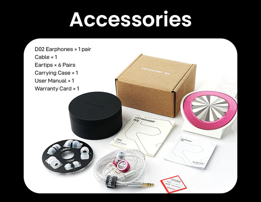 Collection of accessories including earphones, cable, carrying case, and user manual on a white background with 'Accessories' text.