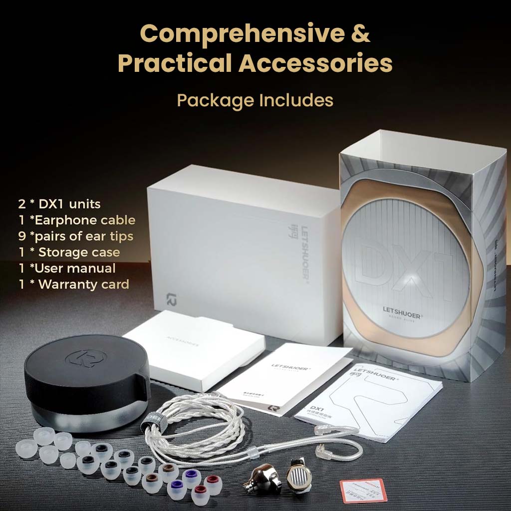 Full accessory package of LETSHUOER DX1 includes earphone cable, ear tips, storage case, user manual, and warranty card.