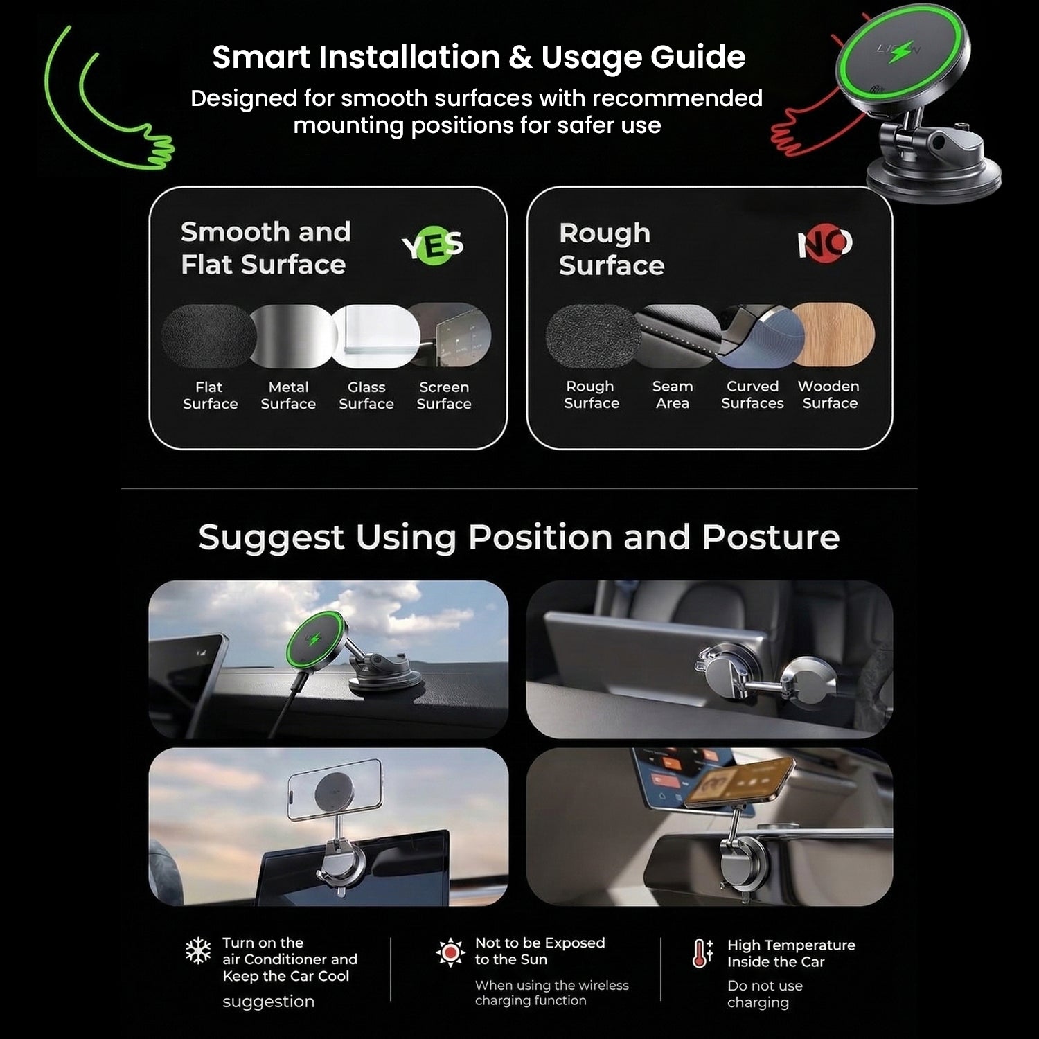 Car phone holder with wireless charger and installation guide