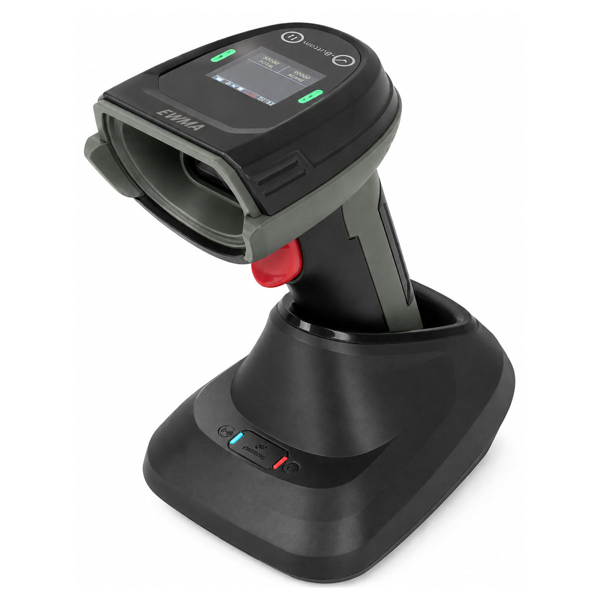 Black handheld wireless barcode scanner with display,