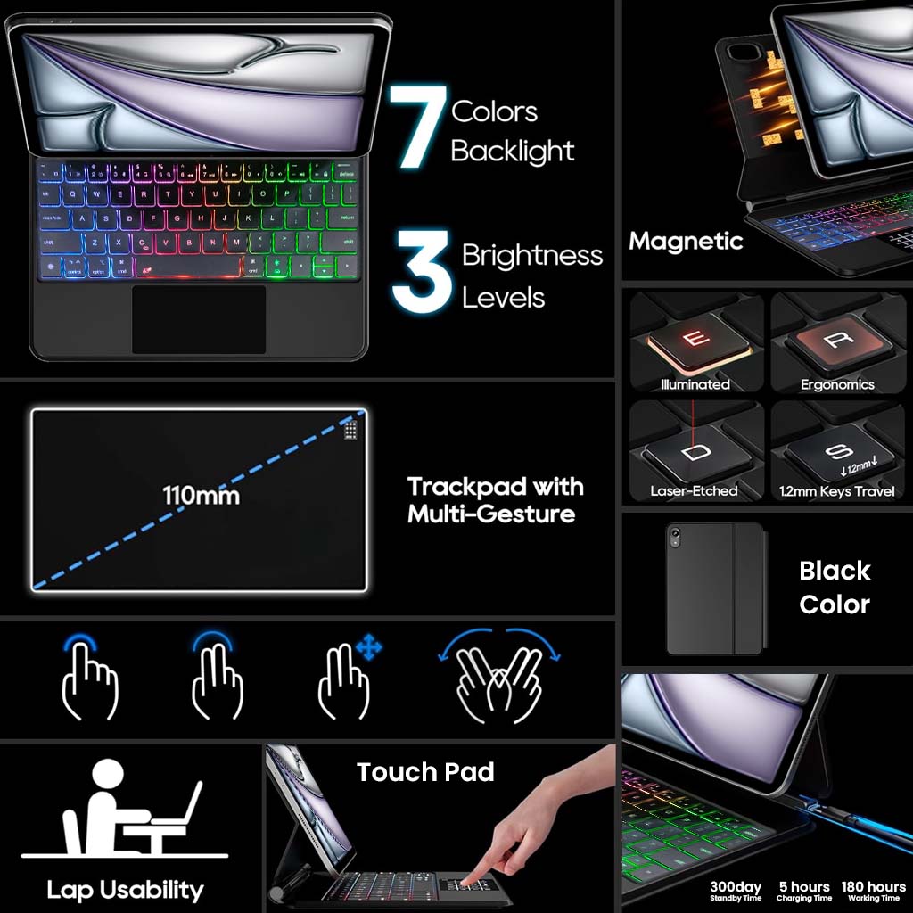 MK-10 Keyboard Case features 7-color backlight, multi-gesture trackpad, magnetic grip, and ergonomic laser-etched keys.