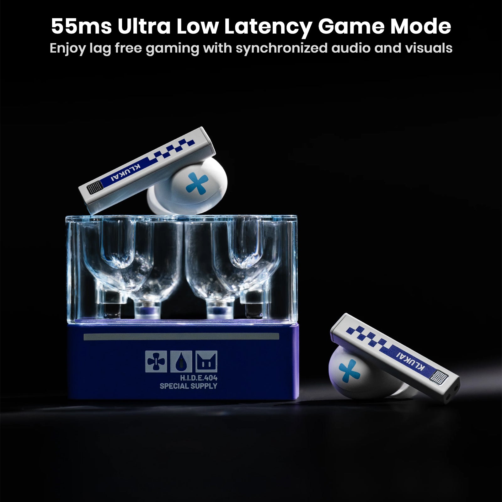 Close-up of earbuds and charging case with gaming-themed graphics and icons
