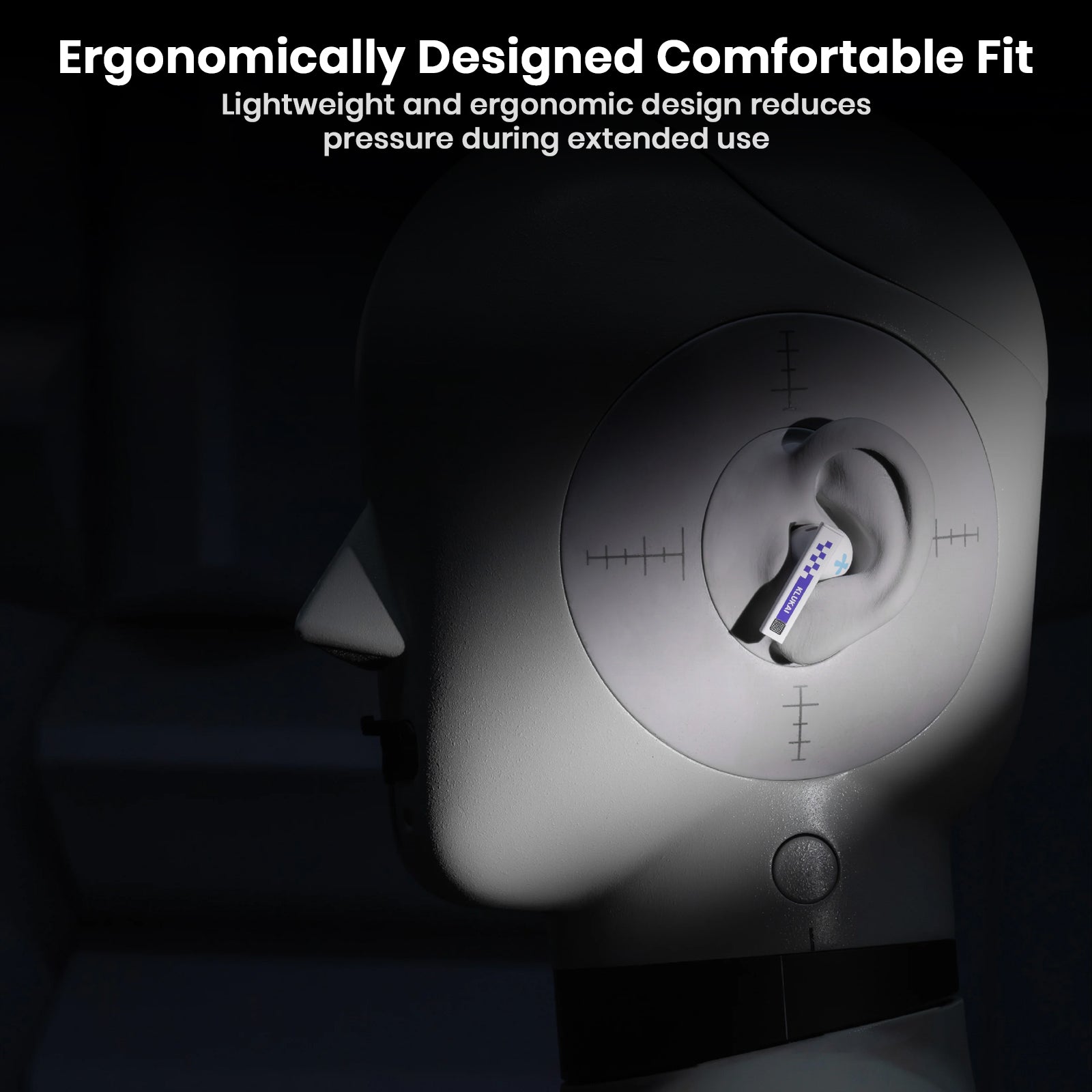 Ergonomic wireless earbuds on measurement device for comfortable fit