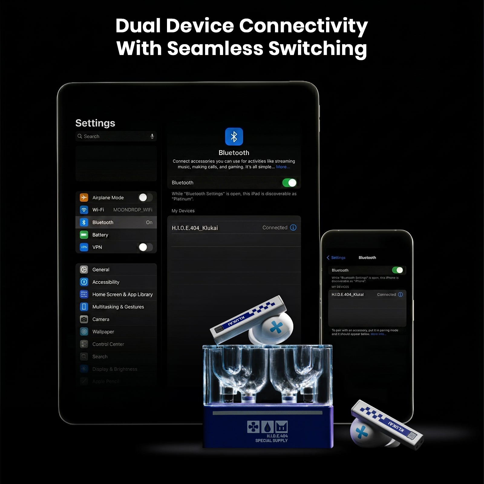 Wireless earbuds with Moondrop Klukai branding on a black background
