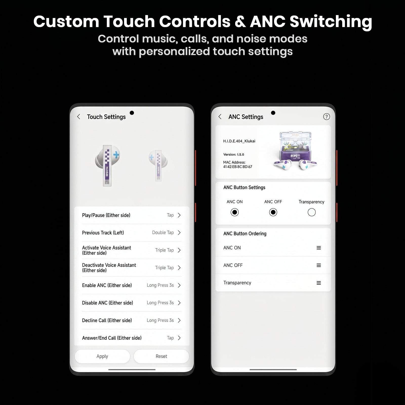 Audio control app interface with sound customization options