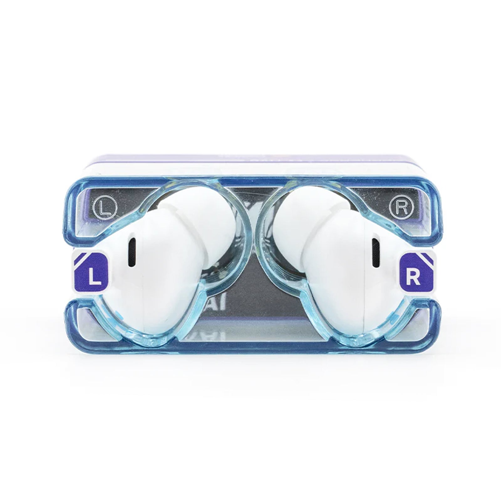 Front view of earbuds with L and R markings in white and blue