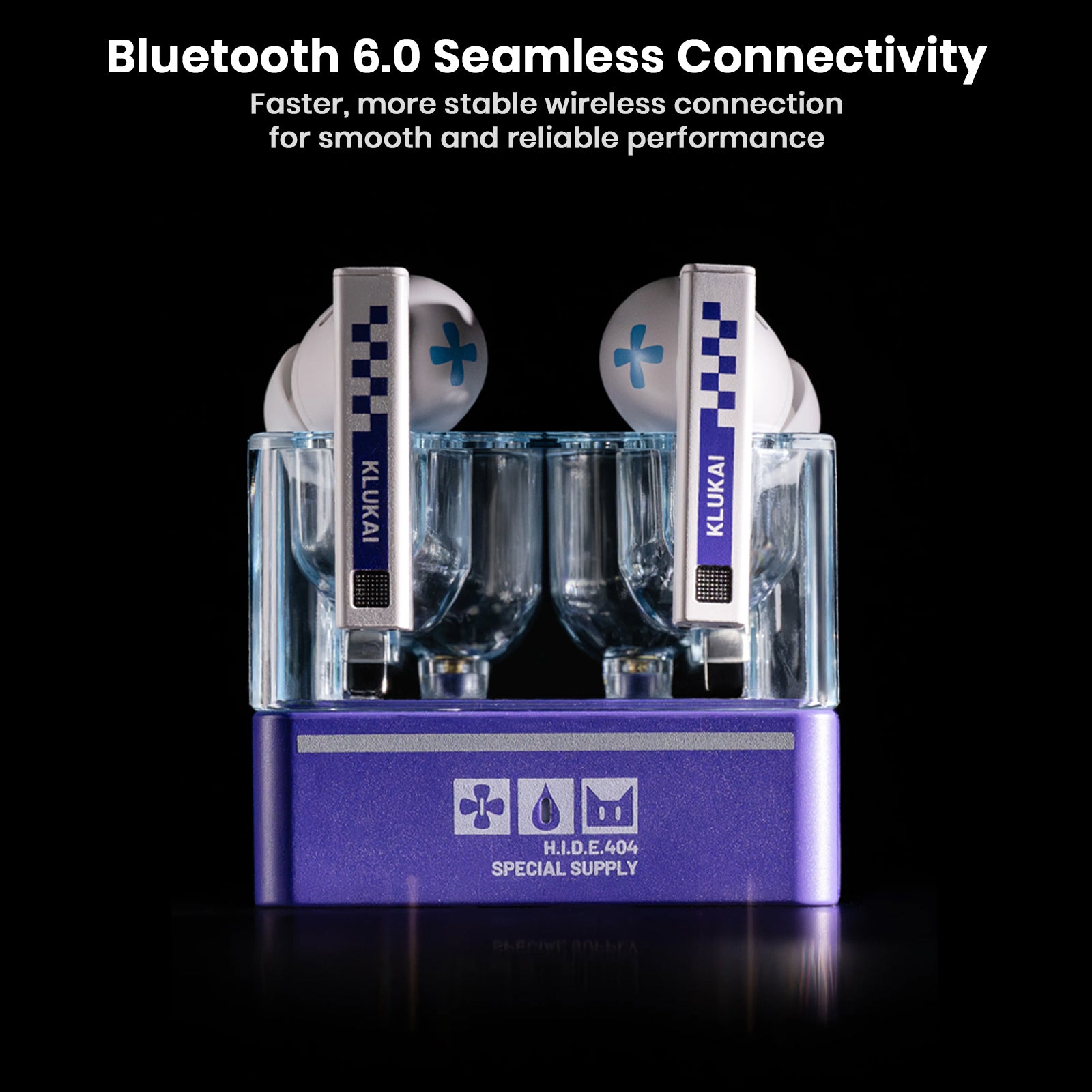 Wireless earbuds with blue and white branding on a transparent charging case