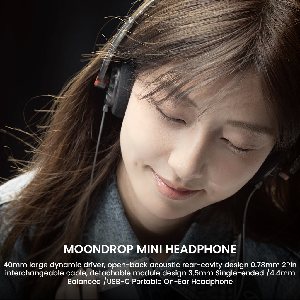 Woman wearing MOONDROP On-ear Headphone with 40mm driver and detachable cable, highlighting comfort and portable audio performance.