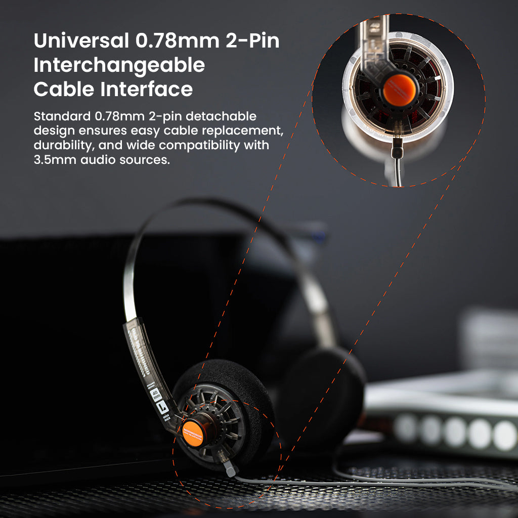 MOONDROP On-ear Headphone with close-up of 0.78mm 2-pin interchangeable cable interface for easy replacement and wide compatibility.