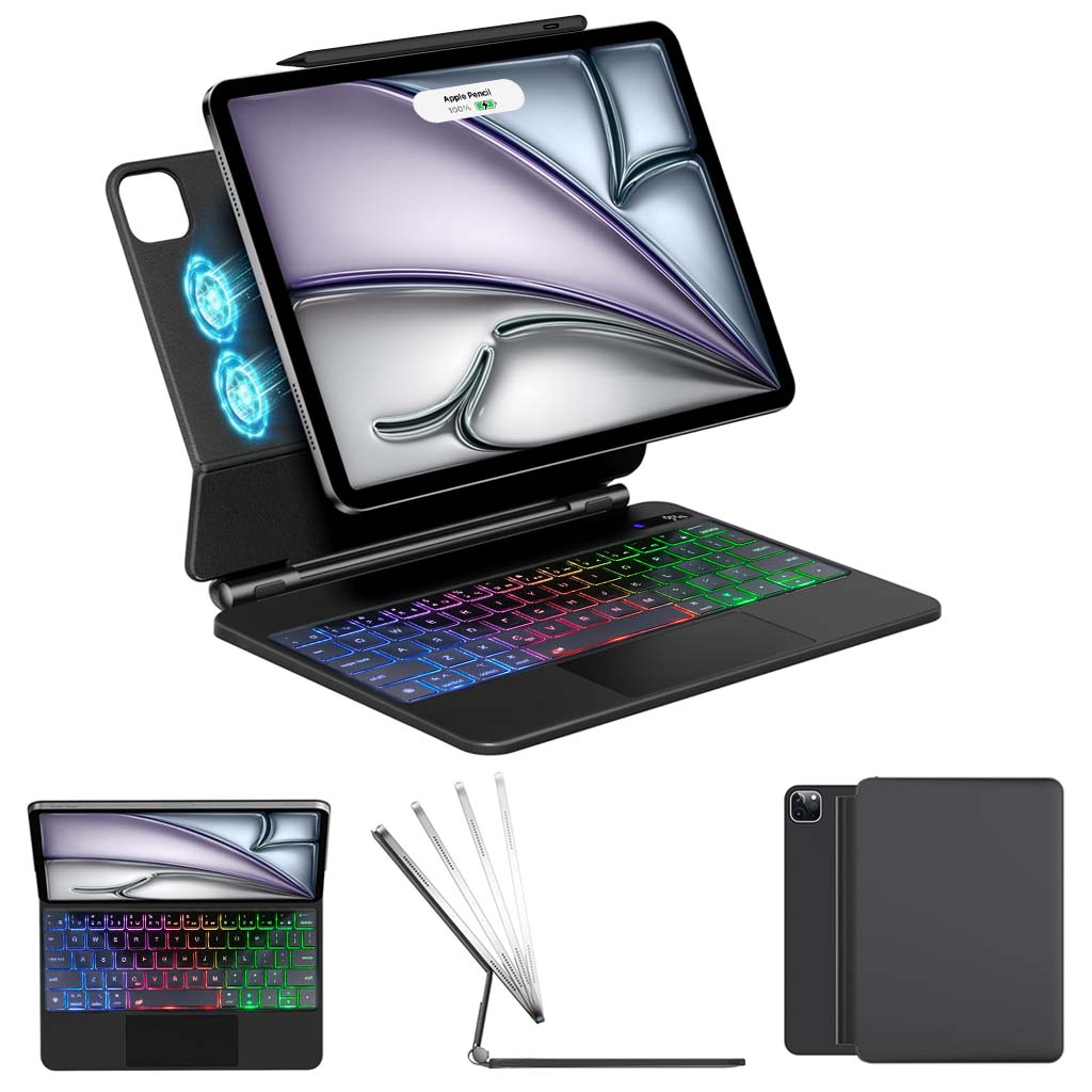 Magnetic Keyboard Case for iPad Air 11"/10.9", Pro 11" with RGB backlit keys, adjustable stand, and magnetic attachment for seamless typing.