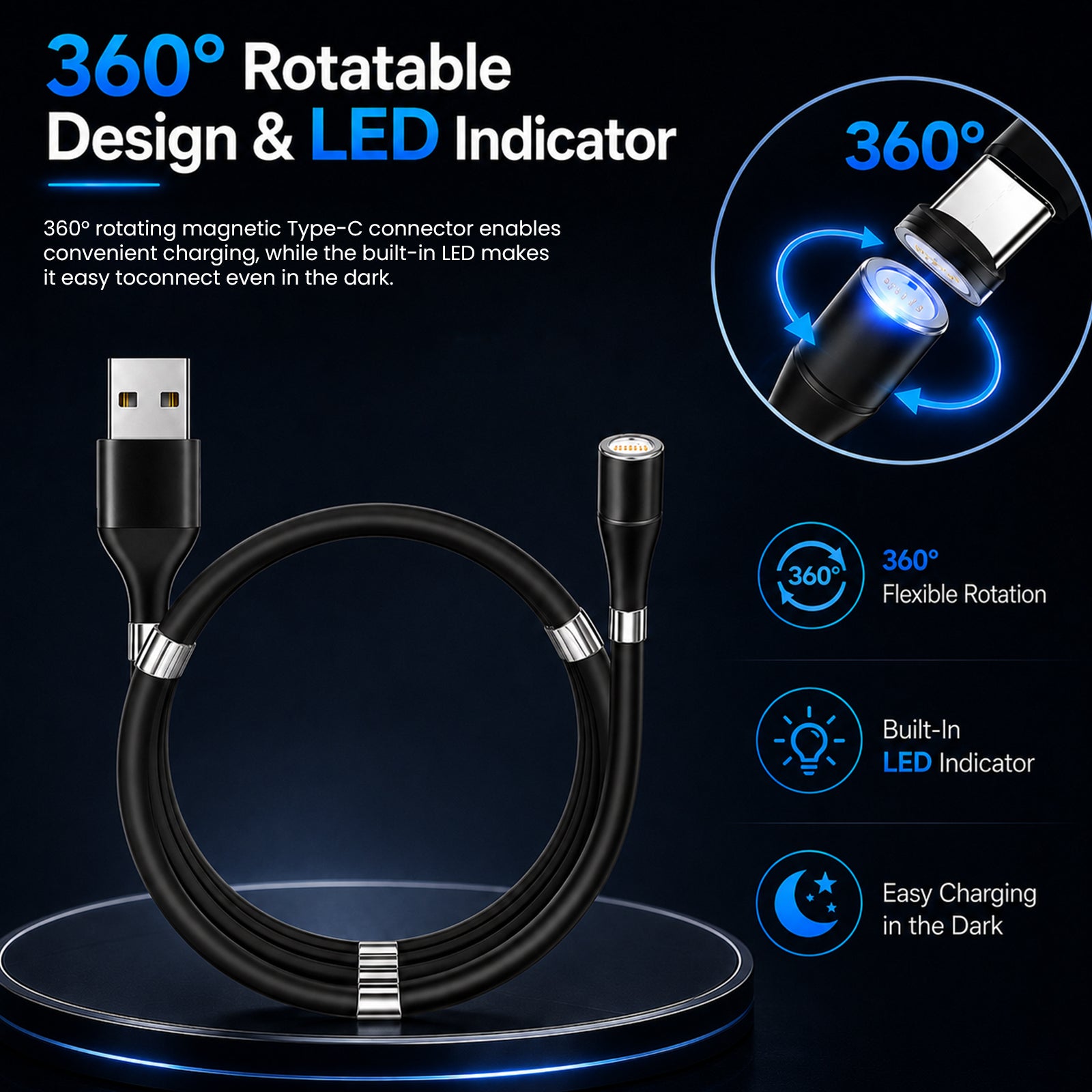 URVNS 3-IN-1 Magnetic Fast Charging Cable with 3 Magnetic Pins (Micro + Type C + Lighting)