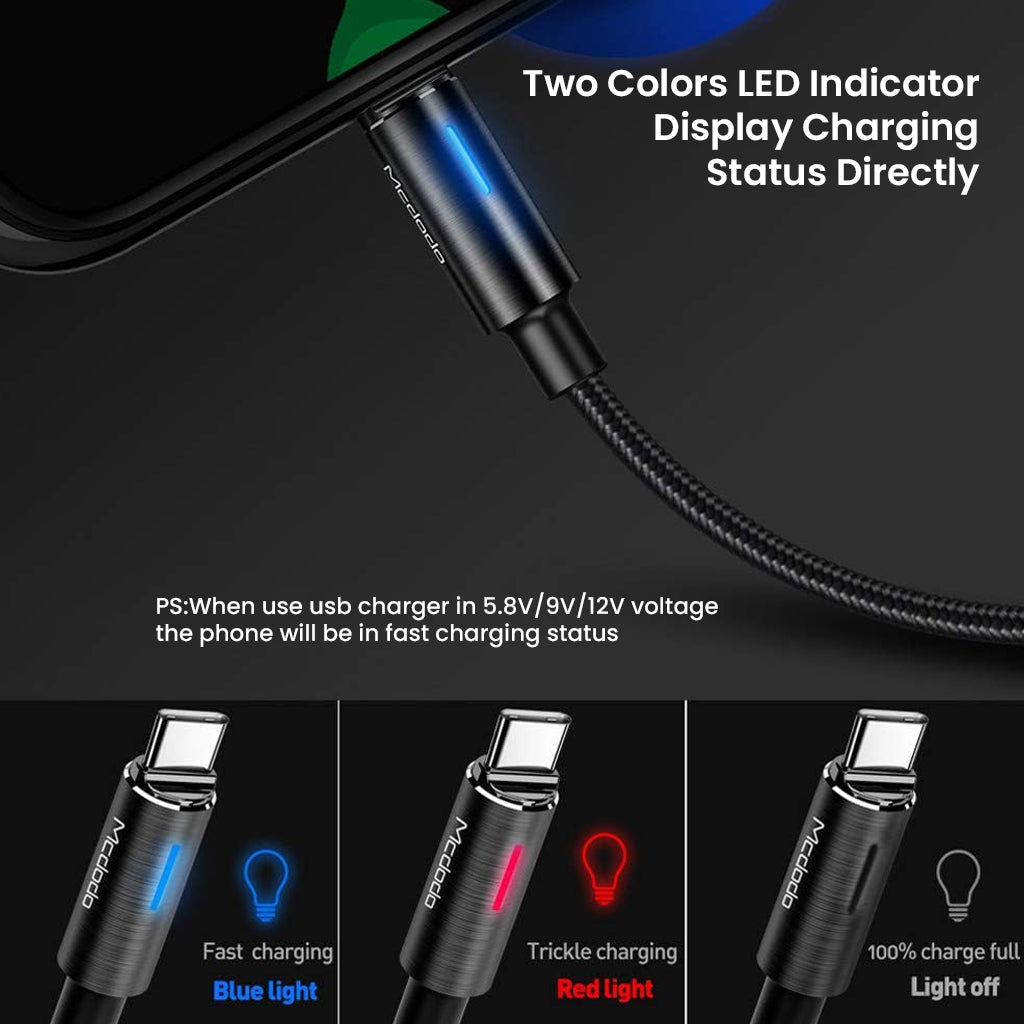 Mcdodo - Fast Charging Cable for USB-A Devices with dual-color LED indicator showing fast, trickle, and full charge modes.
