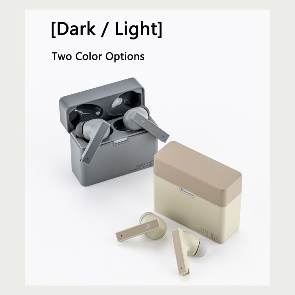 MOONDROP MOCA HiFi TWS Earphones shown in two color options, dark grey and light brown, with matching charging cases for in-ear monitors.