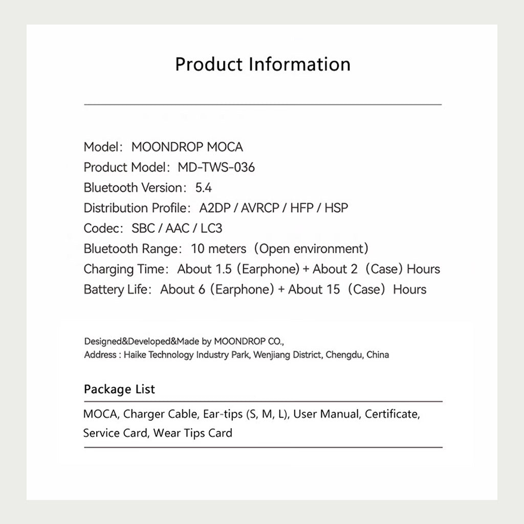 MOONDROP MOCA HiFi TWS Earphones product information sheet showing Bluetooth 5.4, LC3 codec, hybrid ANC, and 15-hour battery life.