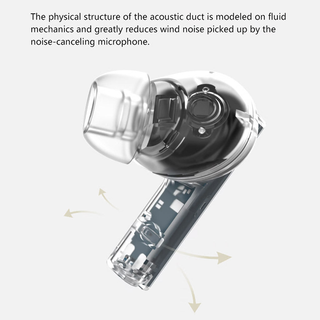 MOONDROP MOCA HiFi TWS Earphones showcasing transparent design and acoustic duct structure for wind noise reduction using fluid mechanics.