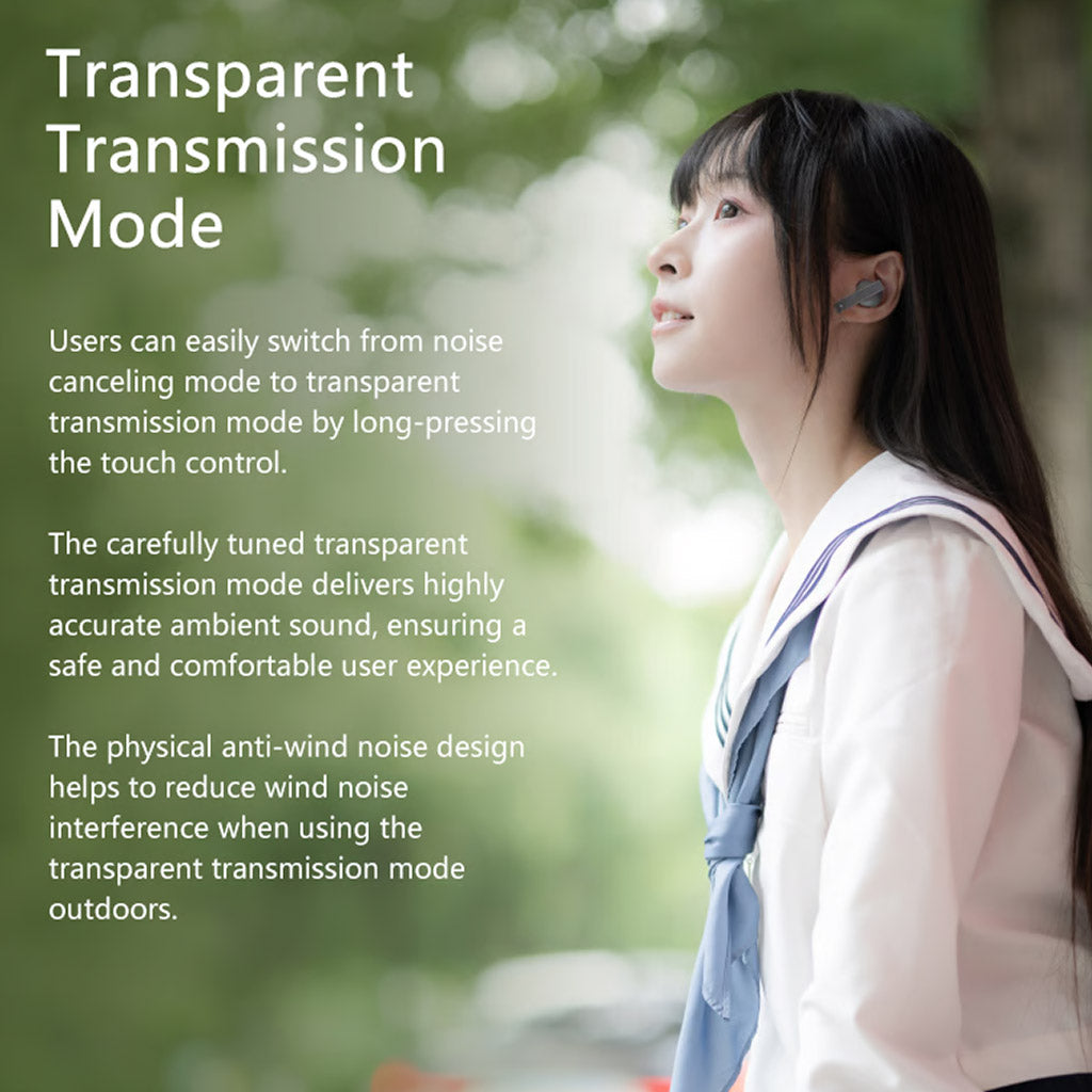 MOONDROP MOCA HiFi TWS Earphones worn by a woman outdoors, highlighting Transparent Transmission Mode for ambient sound and wind noise reduction.
