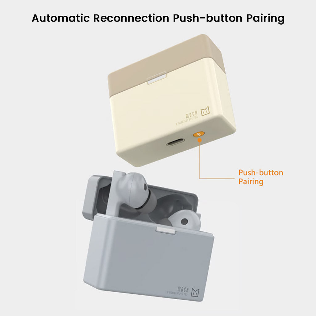 MOONDROP MOCA HiFi TWS Earphones with automatic reconnection and push-button pairing feature, shown in beige and grey charging cases.