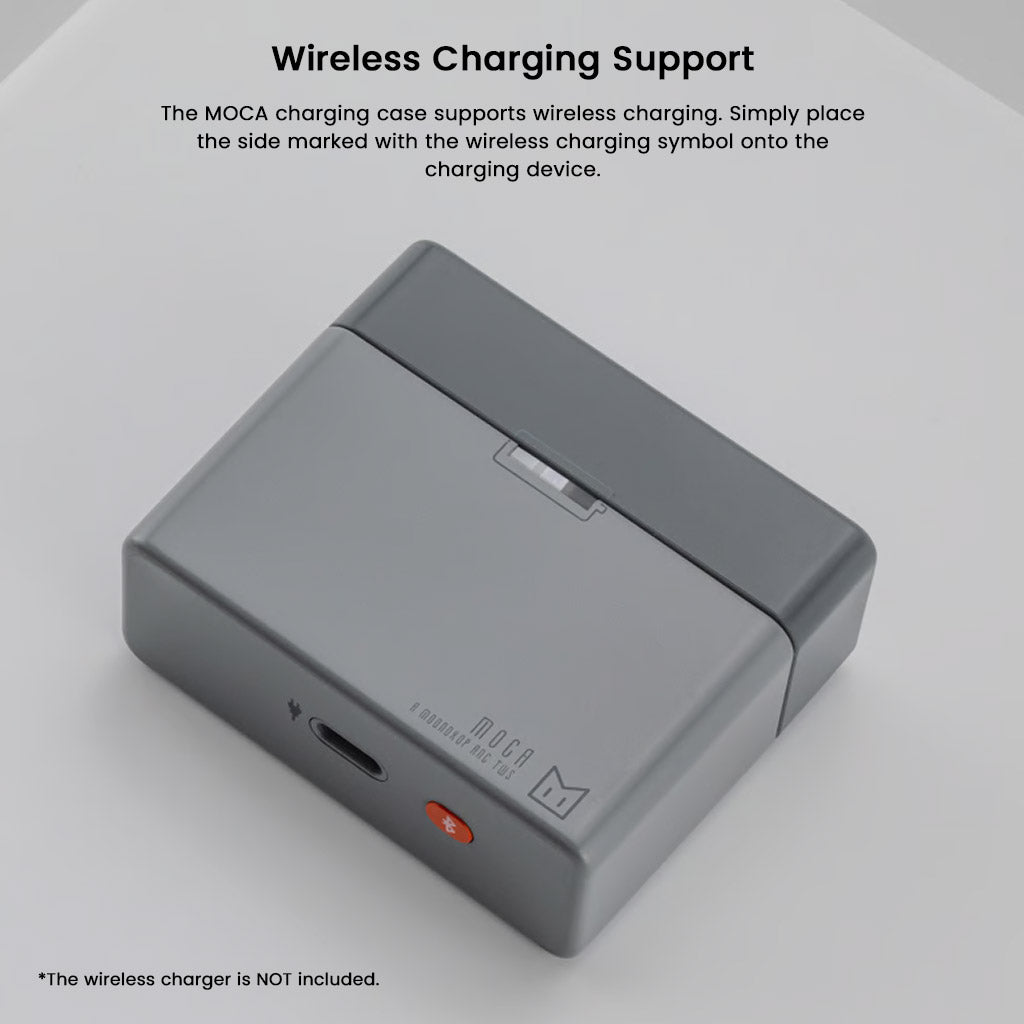MOONDROP MOCA HiFi TWS Earphones charging case with wireless charging support, shown in sleek grey design with USB-C port and branding.