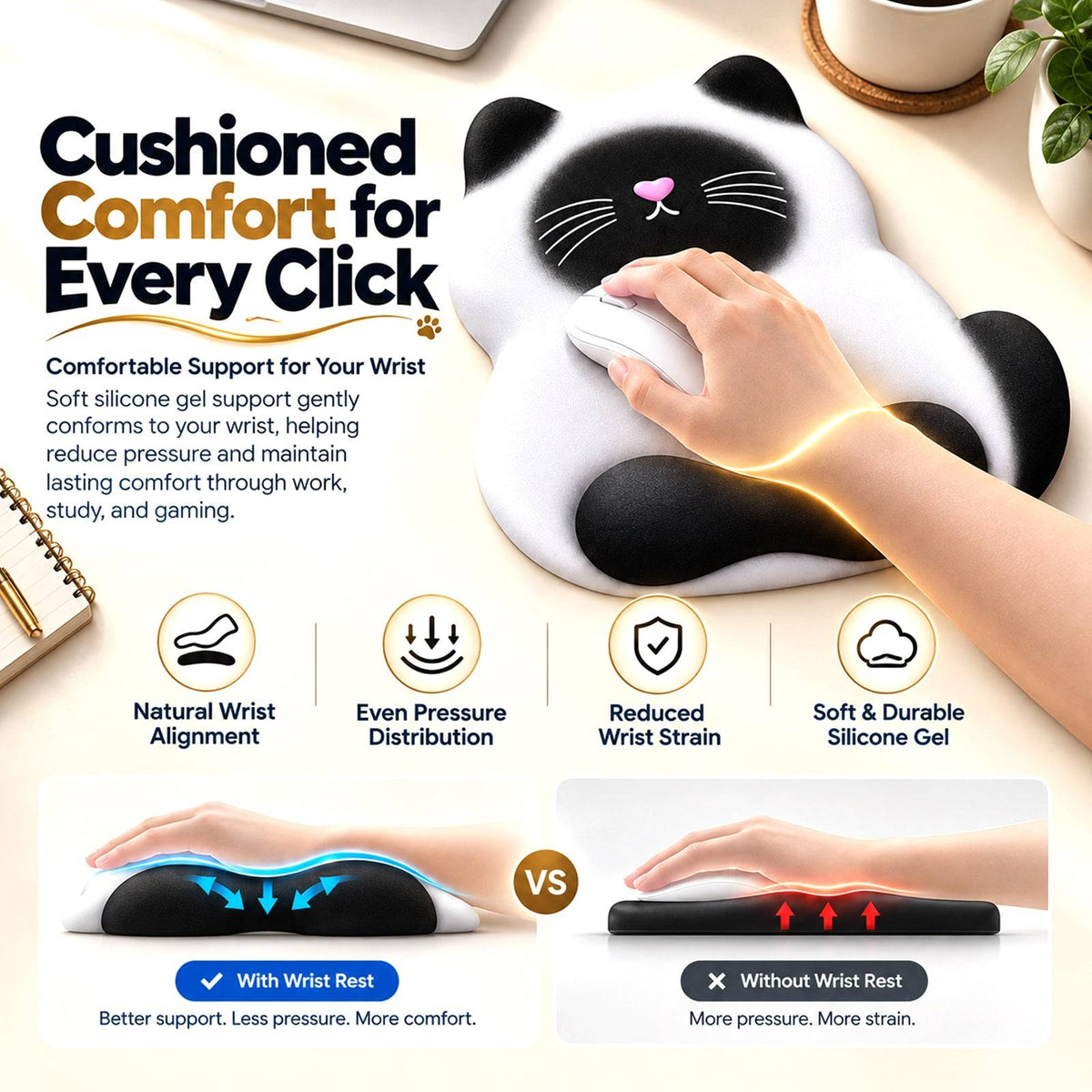 TECPHILE – Ergonomic Cat Style Mouse Pad with Wrist Rest