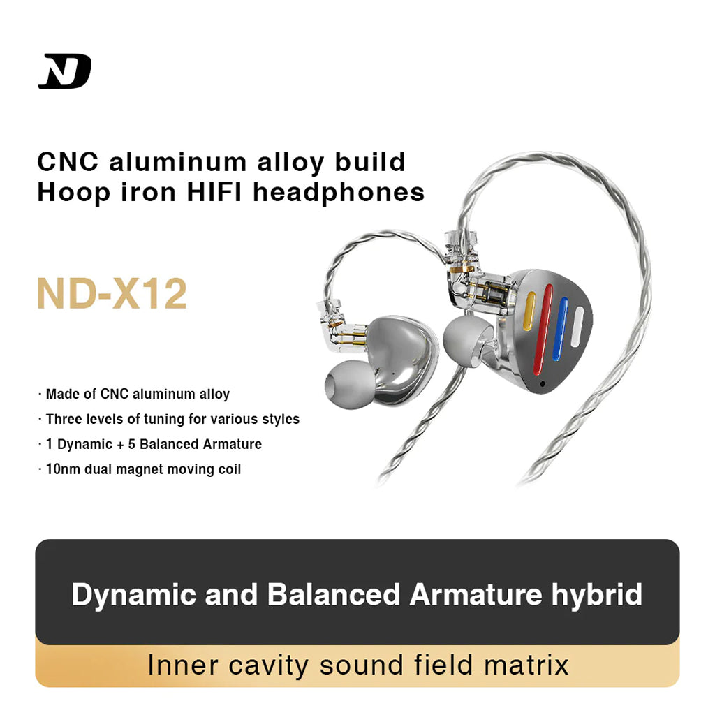 ND X12 Hybrid IEM with CNC aluminum alloy build, featuring 1 dynamic and 5 balanced armature drivers for immersive audio.