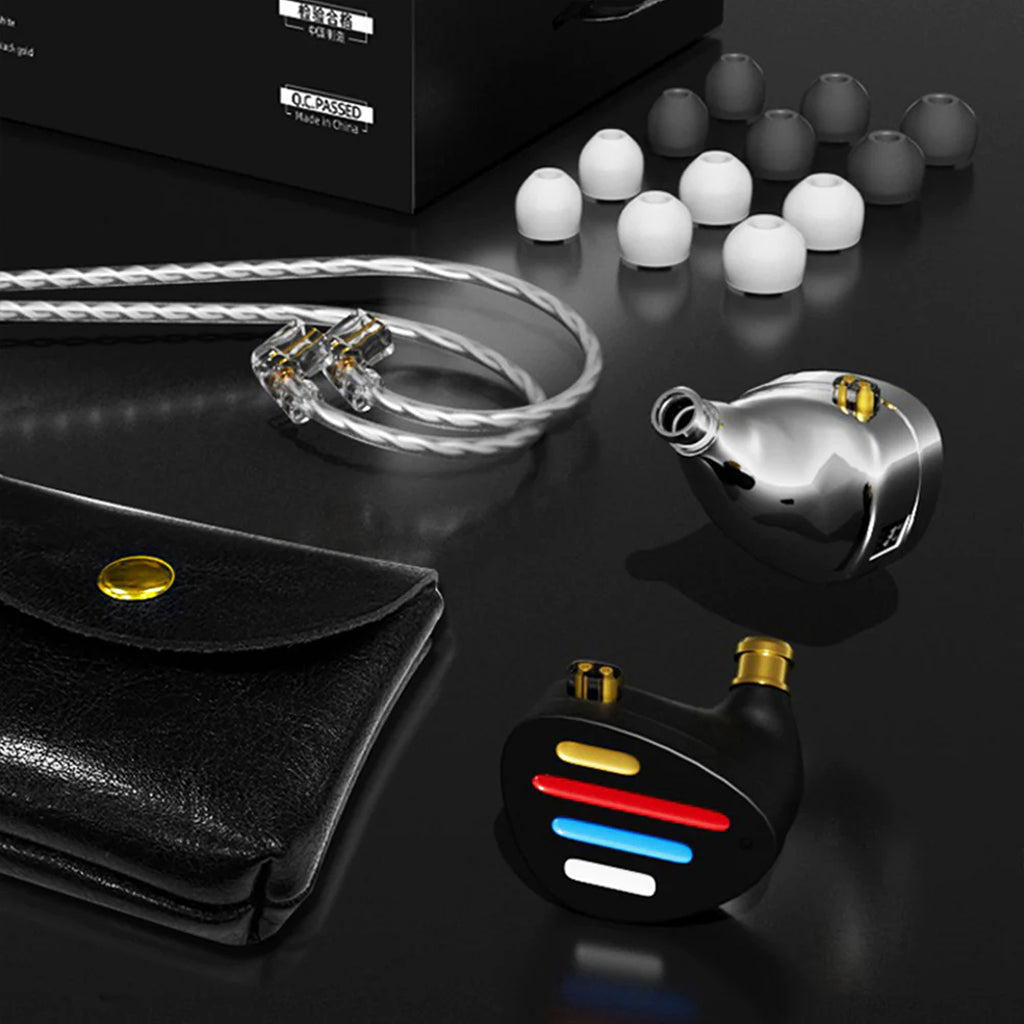 ND X12 Hybrid IEM unboxed with accessories including eartips, detachable cable, and leather carrying case for added value.