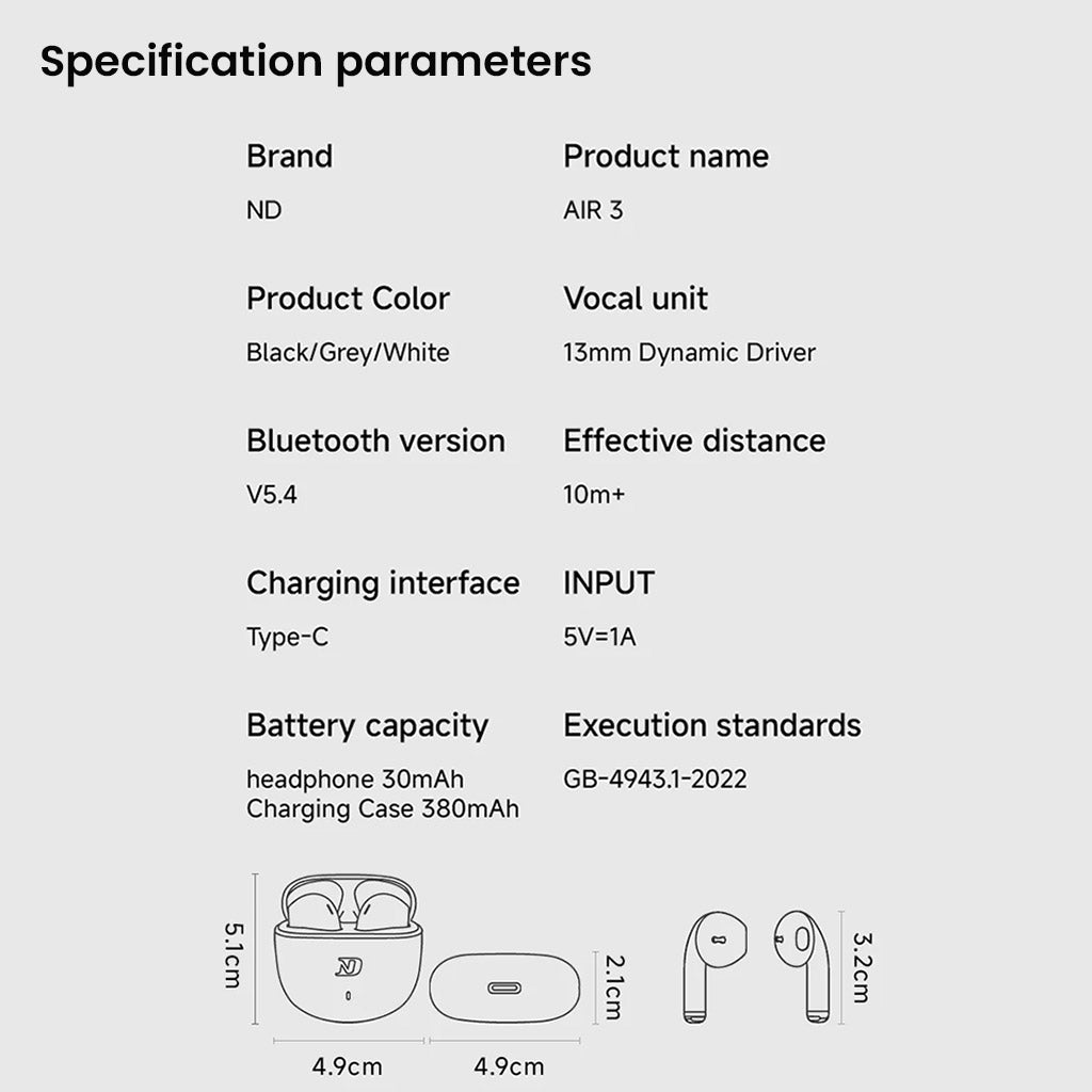 ND Air3 True Wireless Earbuds Specifications