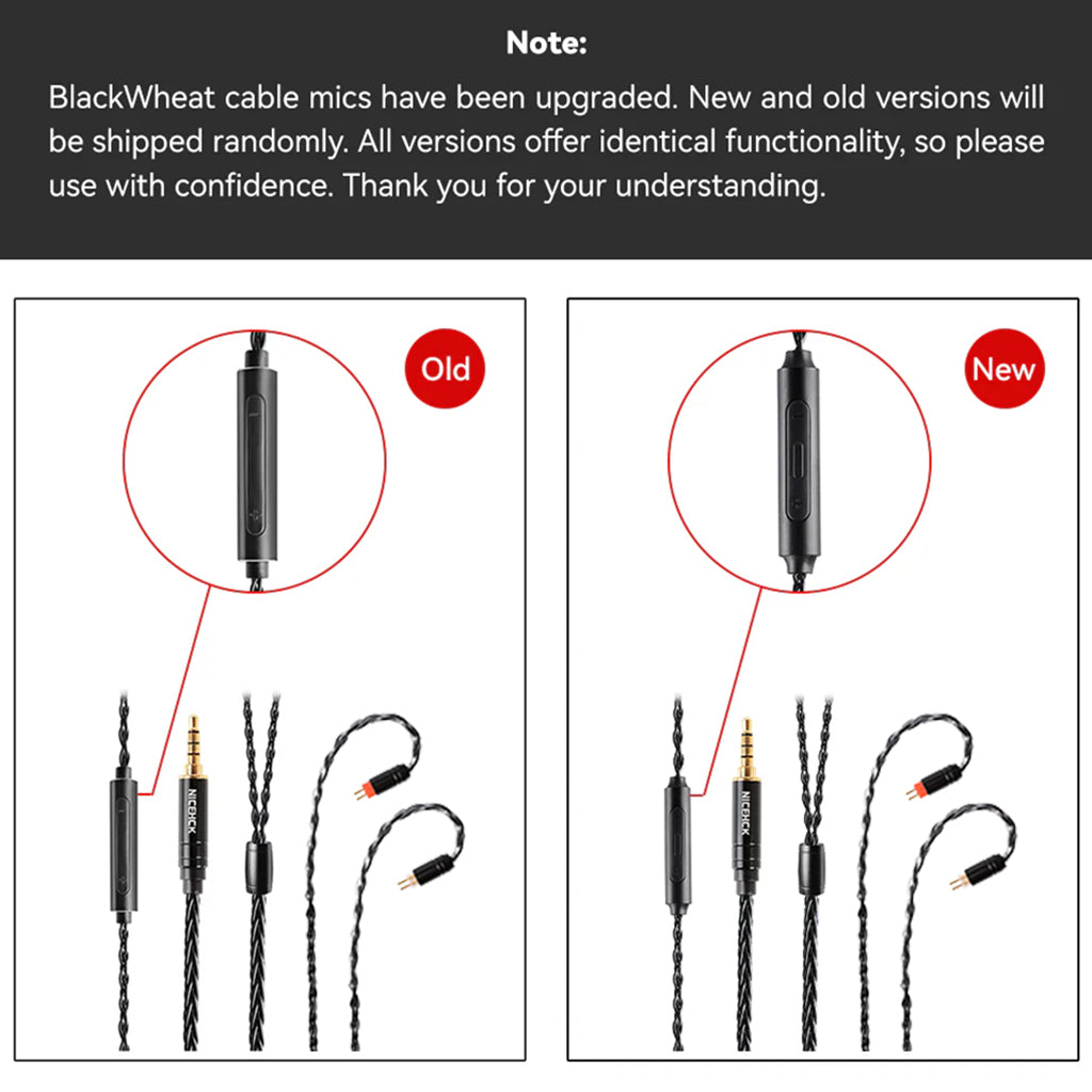 Comparison of old and new versions of NiceHCK BlackWheat 8-core upgrade cable mic, both offering identical functionality and premium sound.