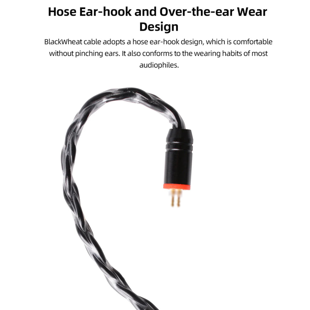 Close-up of NiceHCK BlackWheat cable’s hose ear-hook design for over-the-ear comfort, tailored for audiophile wear preferences.