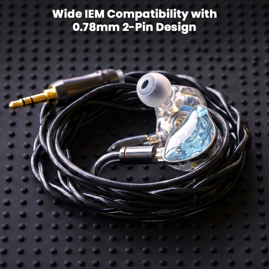 NICEHCK DuskAg IEM cable connected to earphones, showcasing 0.78mm 2-pin design for wide compatibility and premium sound.