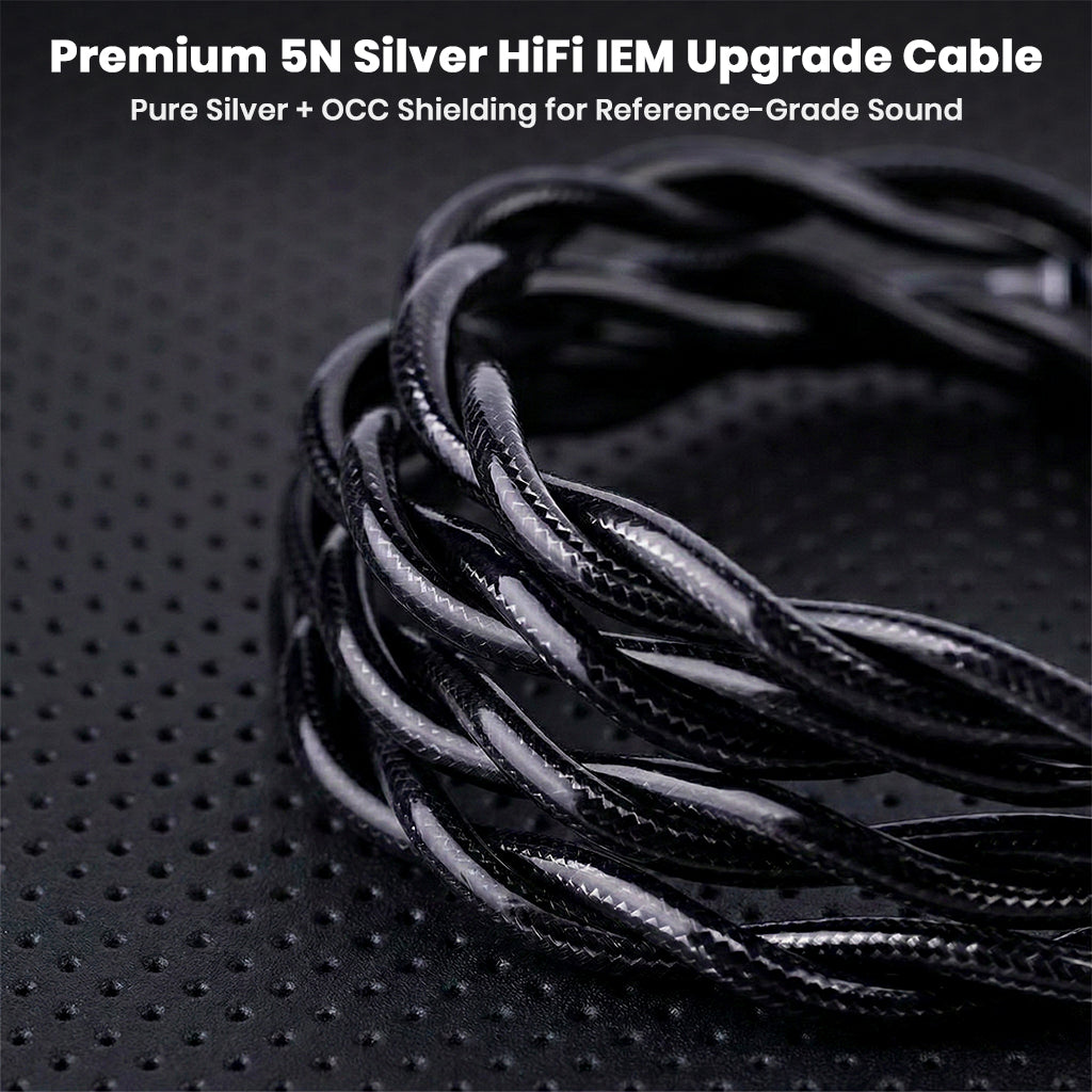 Close-up of NICEHCK DuskAg IEM cable showing 5N silver and OCC shielding for high-fidelity sound and premium build quality.